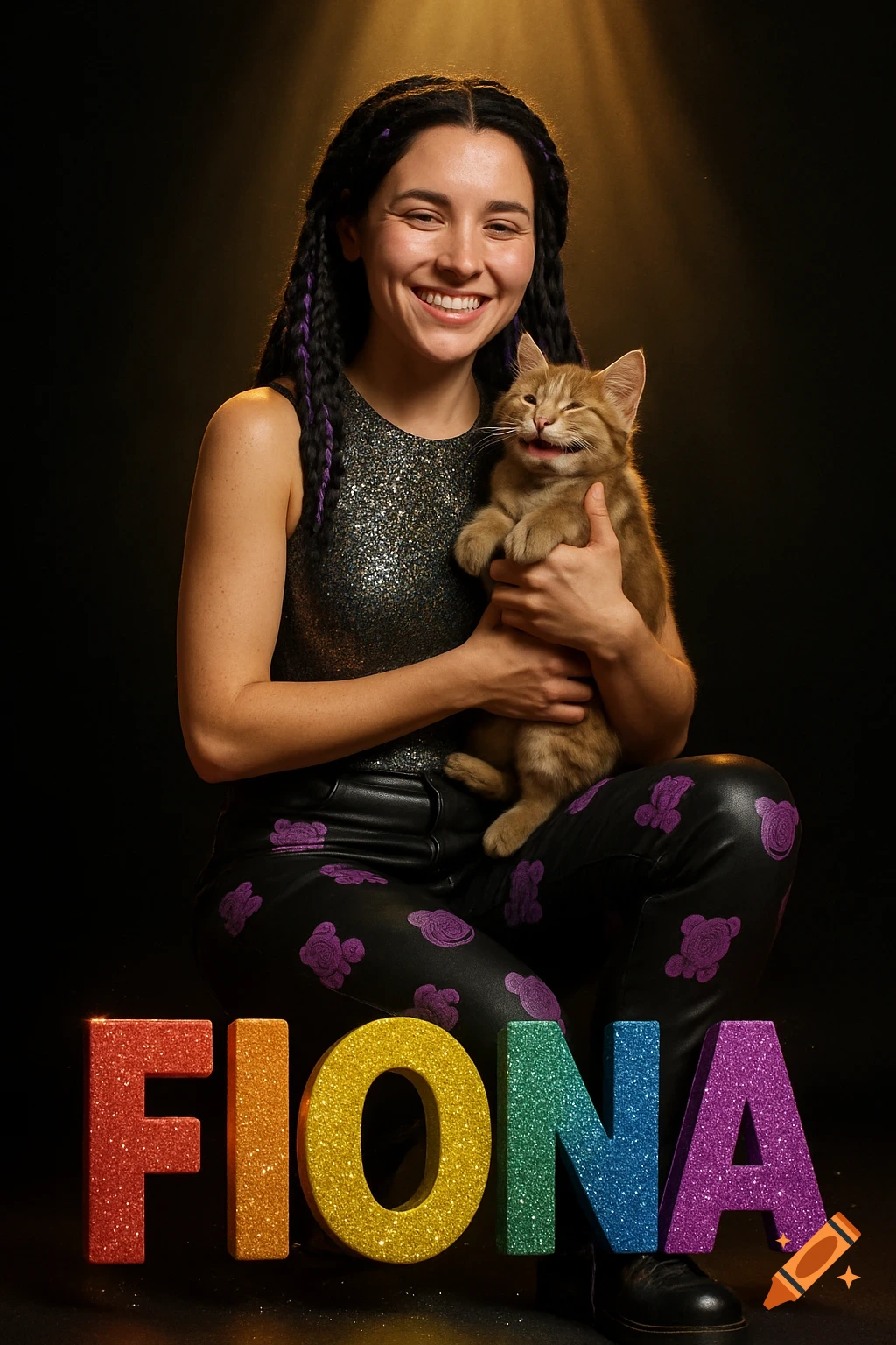 A smiling woman with braided hair holding a kitten, sitting in front of large, glittering rainbow letters spelling "FIONA".