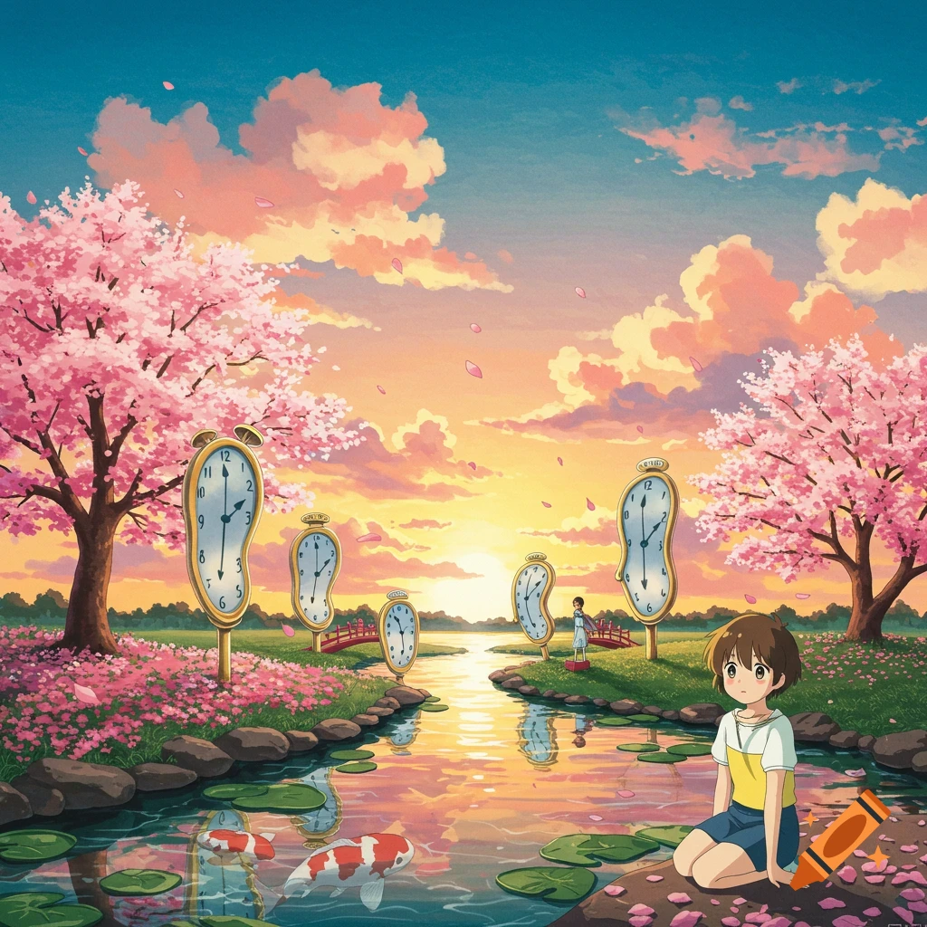 A whimsical anime landscape at sunset with pink cherry blossom trees, a river, koi fish, and melting clocks standing on posts. An anime character sits by the river.