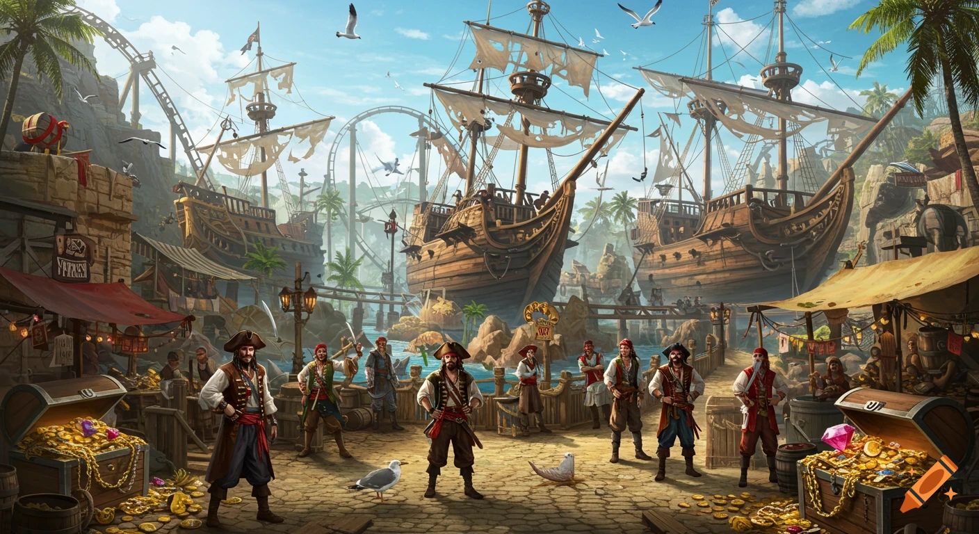 Detailed illustration of a pirate theme park with large ships, a thrilling rollercoaster, and a group of pirates with chests of gold and jewels.