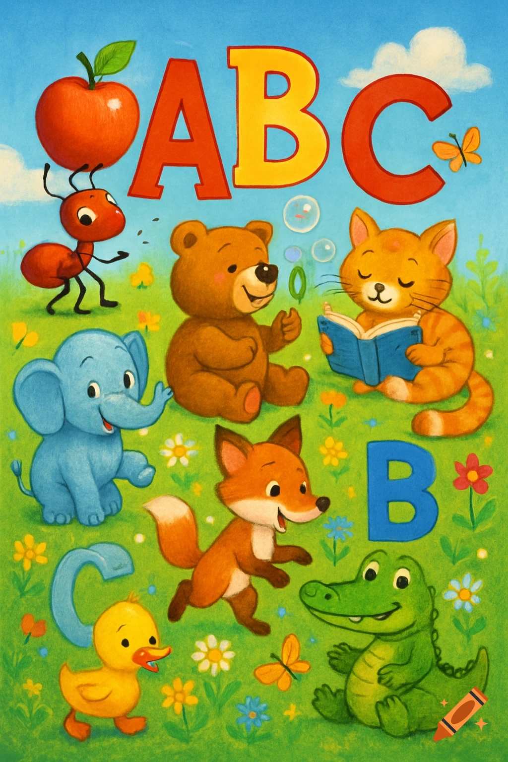 Vibrant illustration of cartoon animals like a bear, cat, and elephant with large alphabet letters 'ABC' in a grassy field.