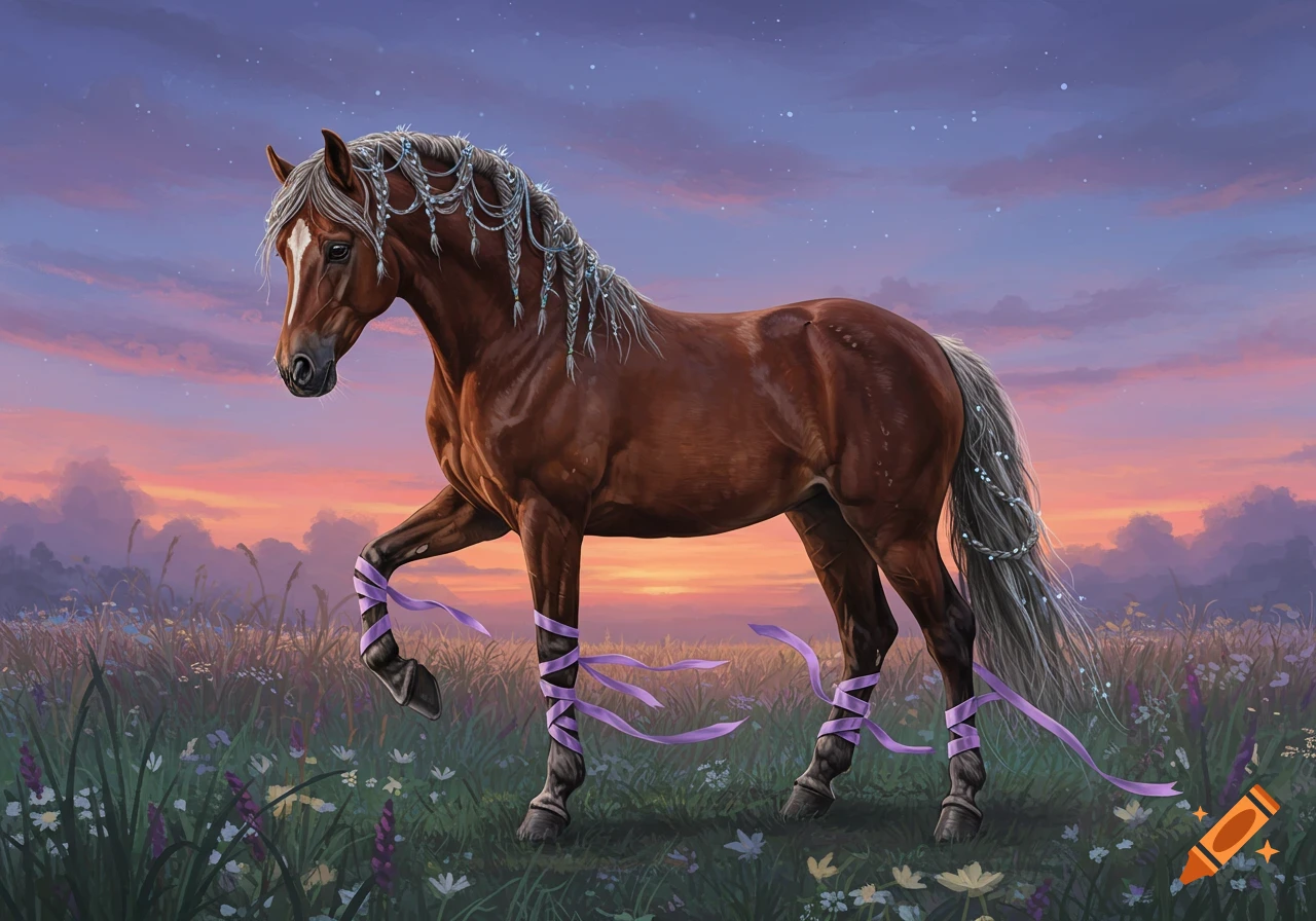 A brown horse with braided mane and tail and purple ribbons on its legs stands in a field under a sunset sky with stars.