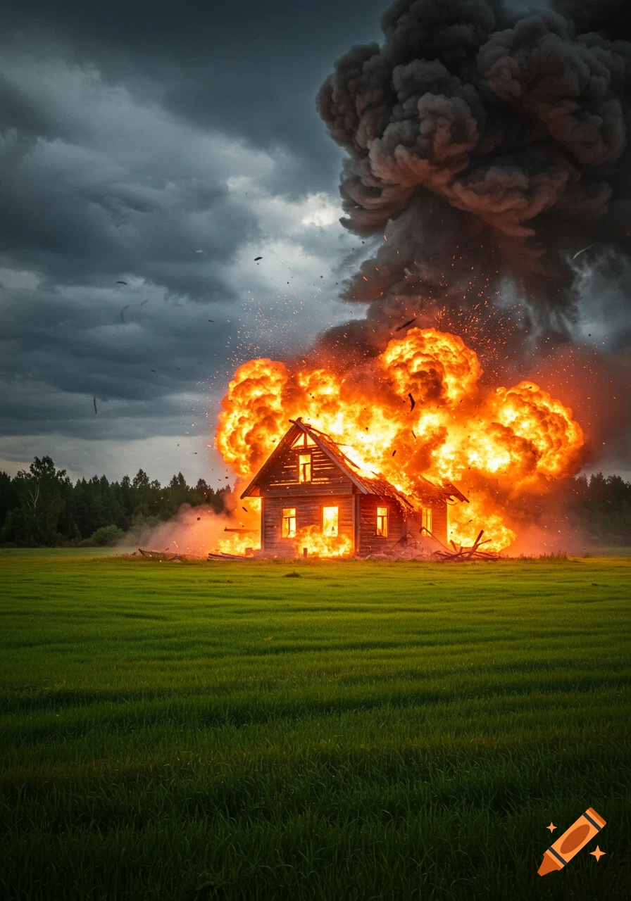 A wooden house explodes with large fireballs and dark smoke billowing into a stormy sky in a green grassy field.