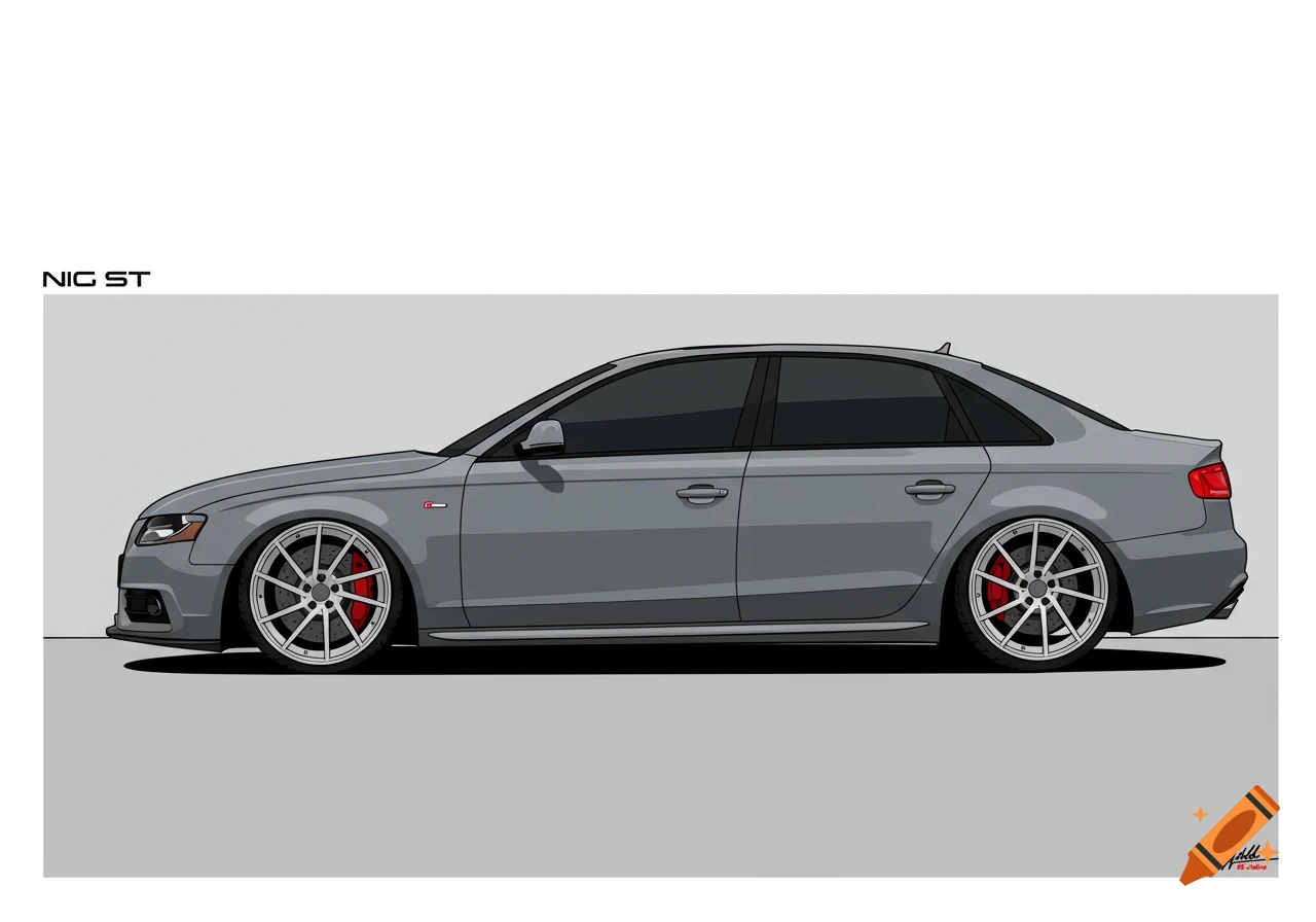 A side profile illustration of a gray Audi A4 sedan with lowered suspension, silver multi-spoke rims, and red brake calipers on a light gray background.