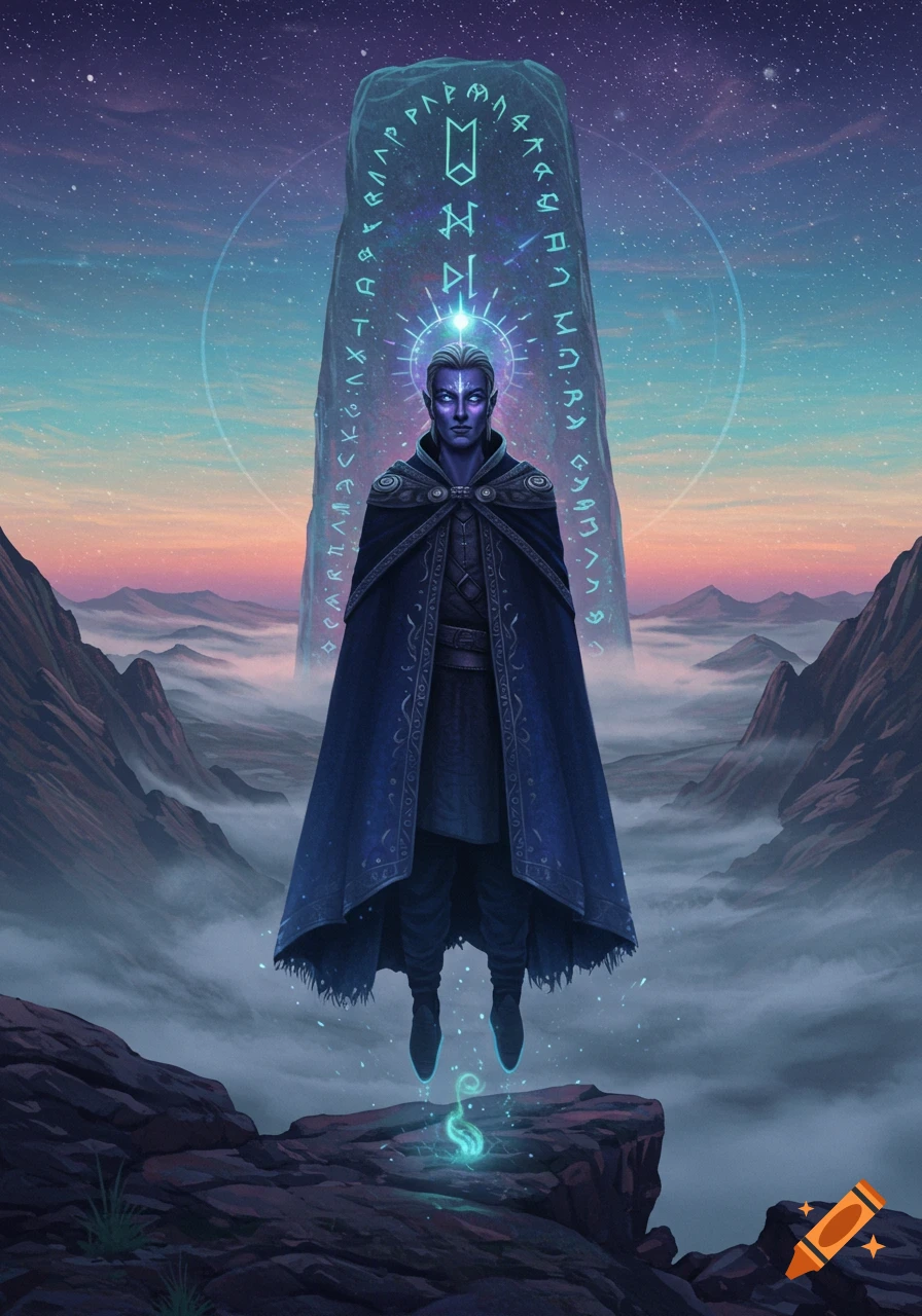 A purple-skinned elf-like character with white hair floats in front of a tall, glowing runic monolith in a misty mountain landscape under a starry sky.