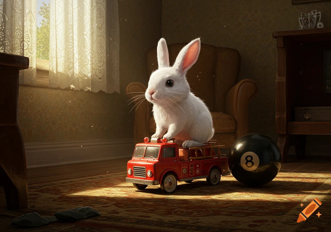 A fluffy white rabbit sits on a red toy fire truck on a patterned rug in a sunlit room, with an 8-ball nearby.