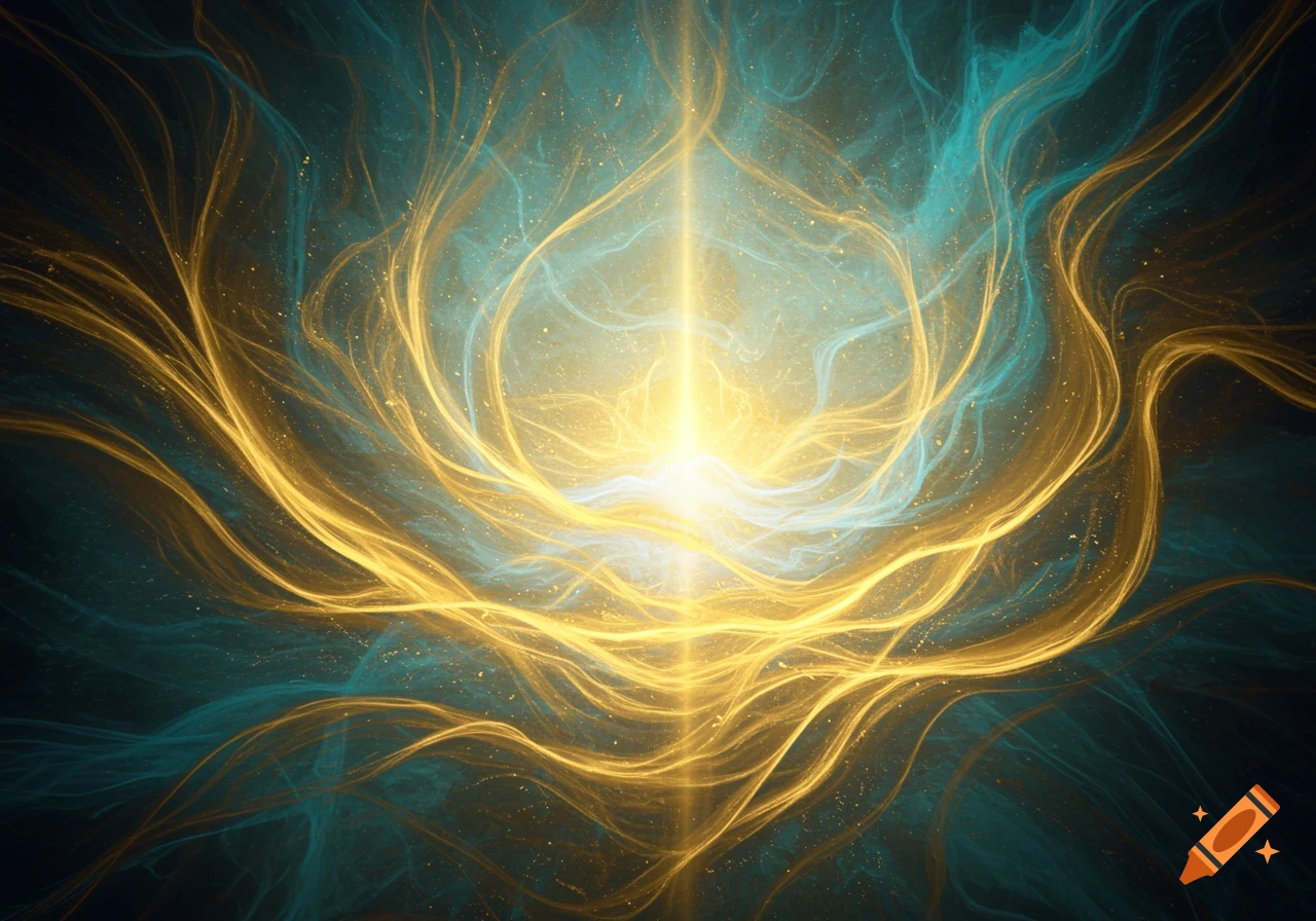 Abstract luminous golden and teal swirling lines with sparkling particles on a dark background.