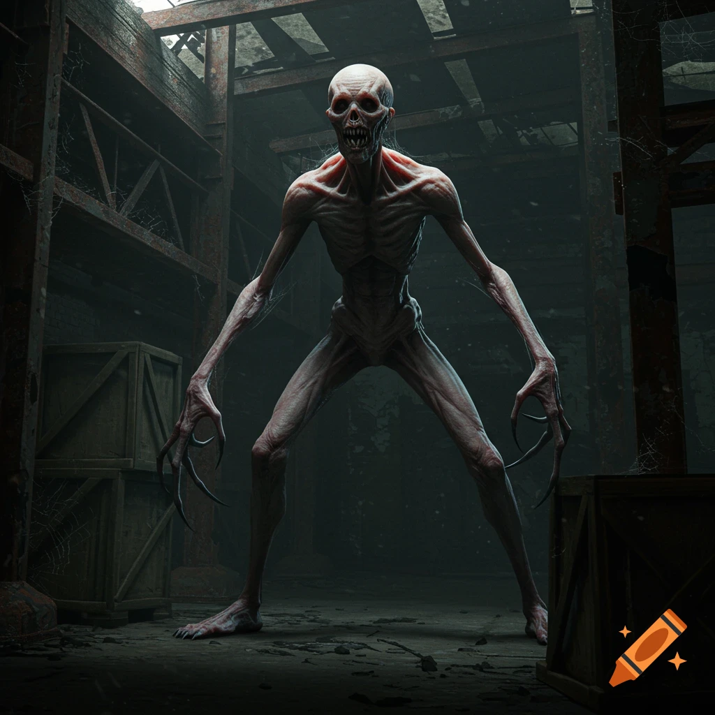 A gaunt, pale, monstrous creature with an elongated face, sharp teeth, and long claws stands in a dark, rusty, abandoned warehouse.
