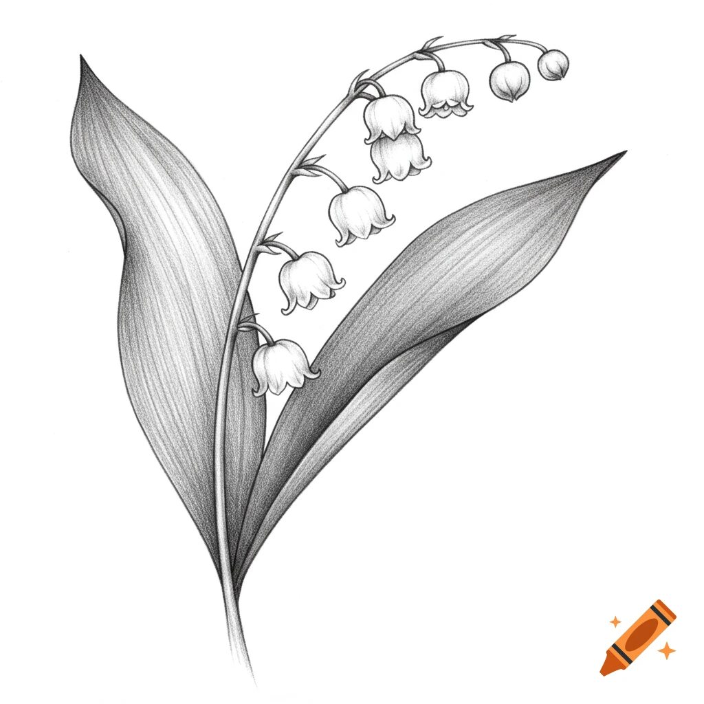 Black and white pencil drawing of a lily of the valley plant with flowers and leaves.