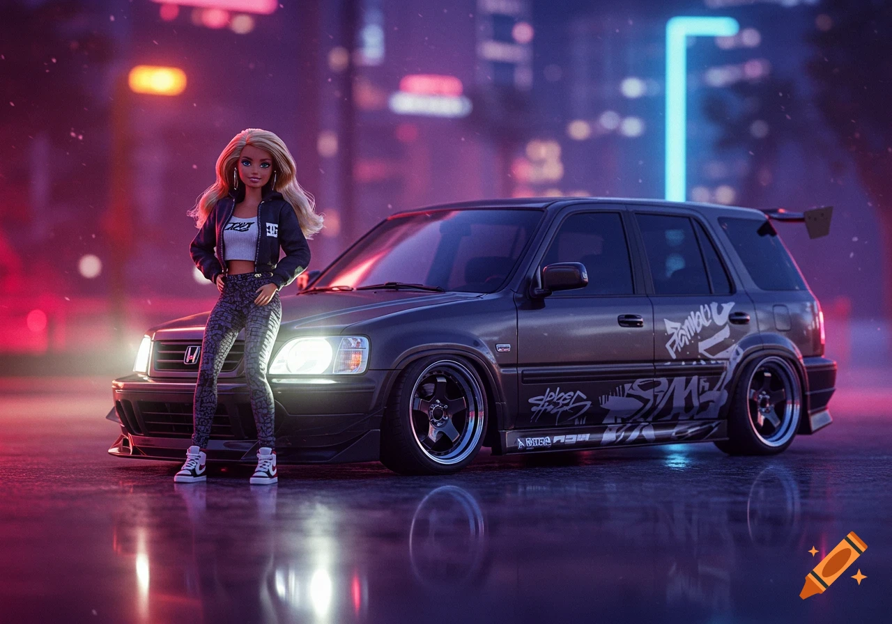 A Barbie doll in a black jacket and patterned pants poses next to a tuned, dark gray Honda CRV under purple and blue neon city lights at night.