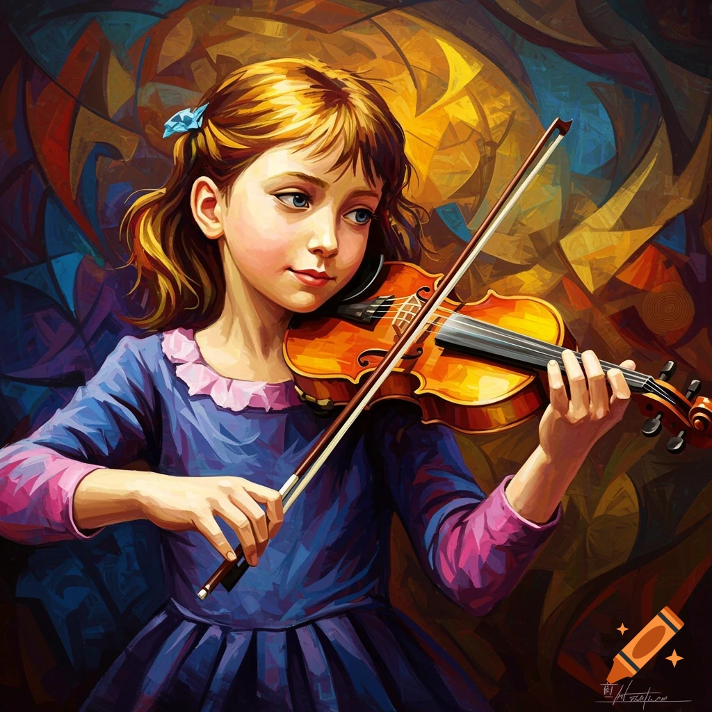 A colorful abstract painting of a young girl playing a violin.