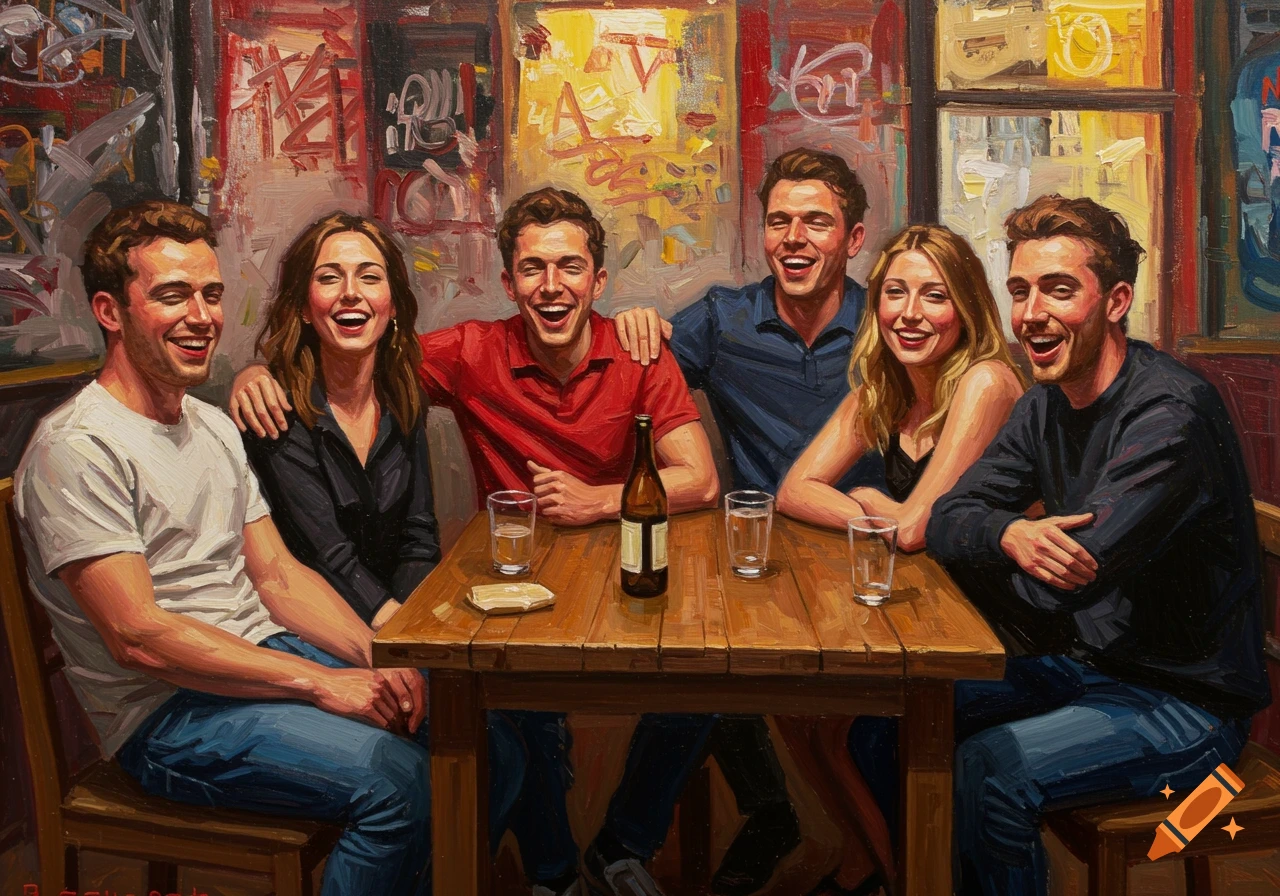 Six smiling friends sit around a wooden table in a bar, painted in a vibrant, textured oil painting style with abstract graffiti in the background.