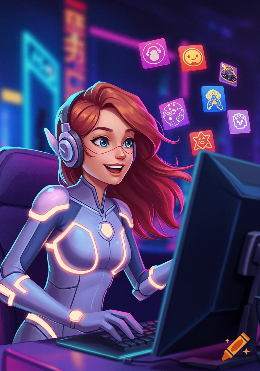 A cartoon female gamer with red hair and headphones in a futuristic suit smiles while using a computer, with glowing app icons floating above her in a neon-lit room.