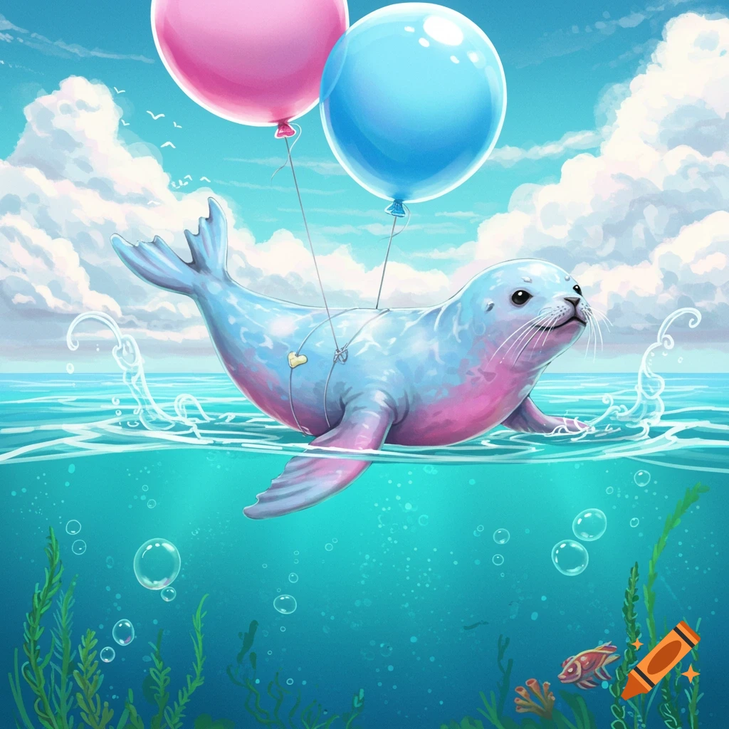 A cute cartoon seal floats above the ocean surface, held by a pink and blue balloon, with an underwater view showing plants and a fish.
