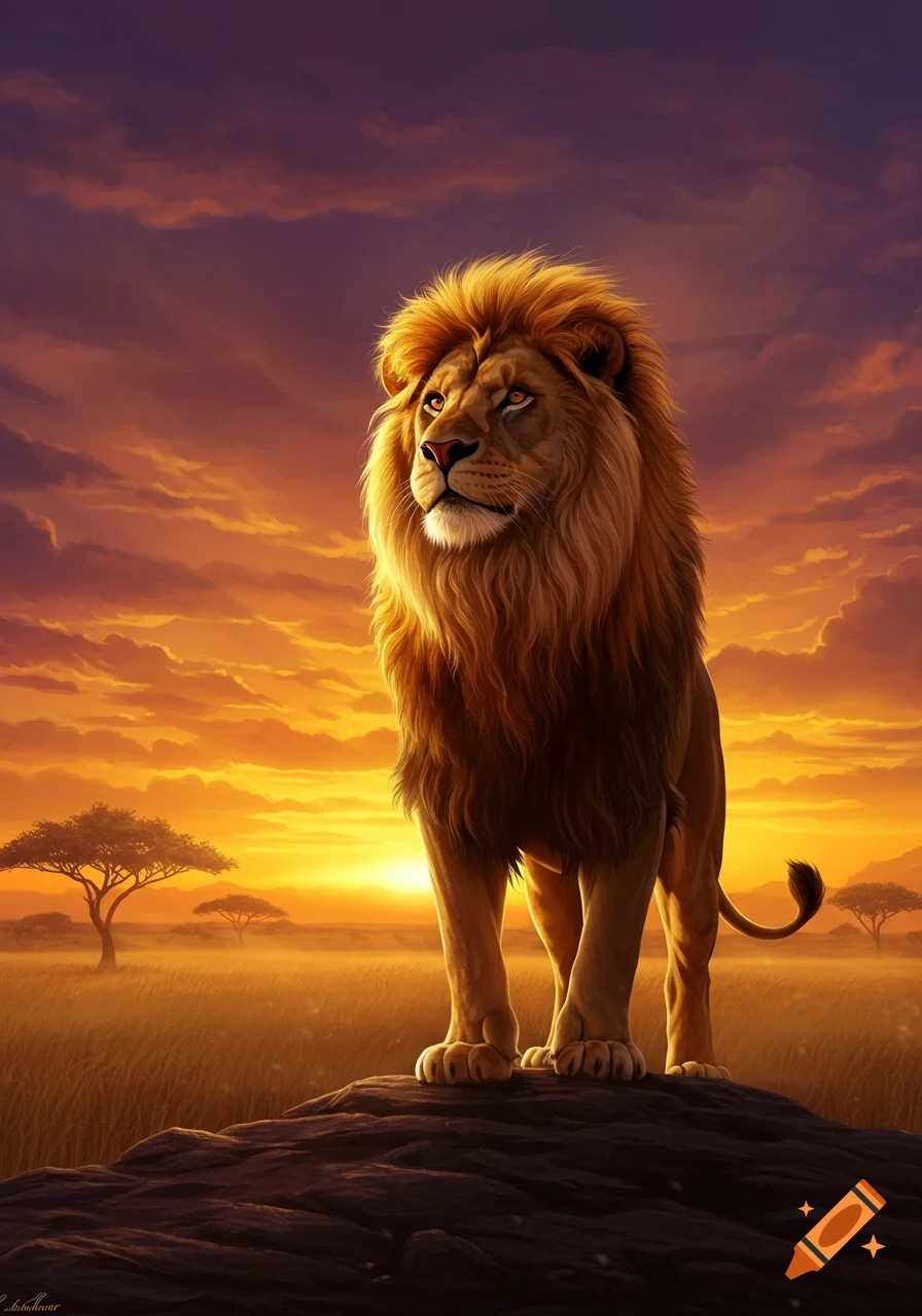 A majestic lion stands on a rock in a golden savanna landscape at sunset, looking into the distance.