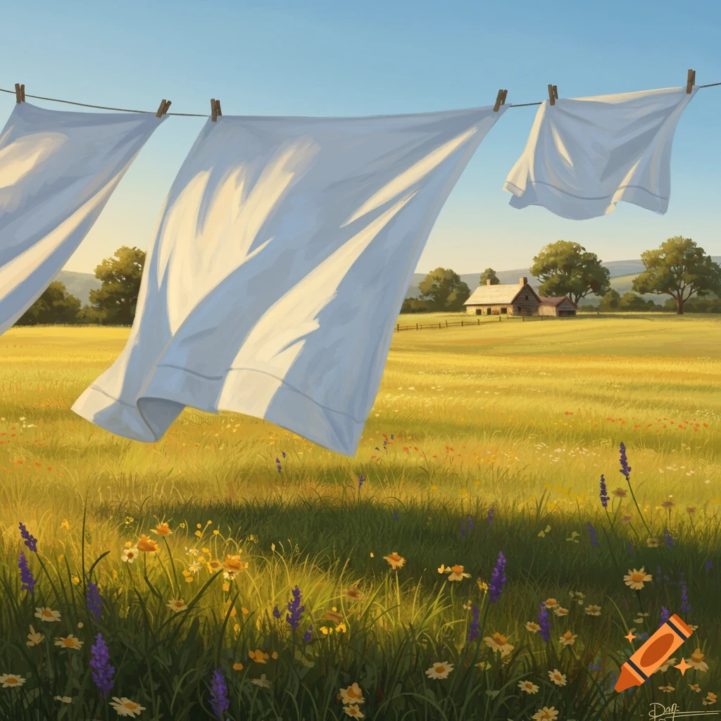 White sheets dry on a clothesline in a sunny, flowery field with a farmhouse and trees in the background, in a painterly style.