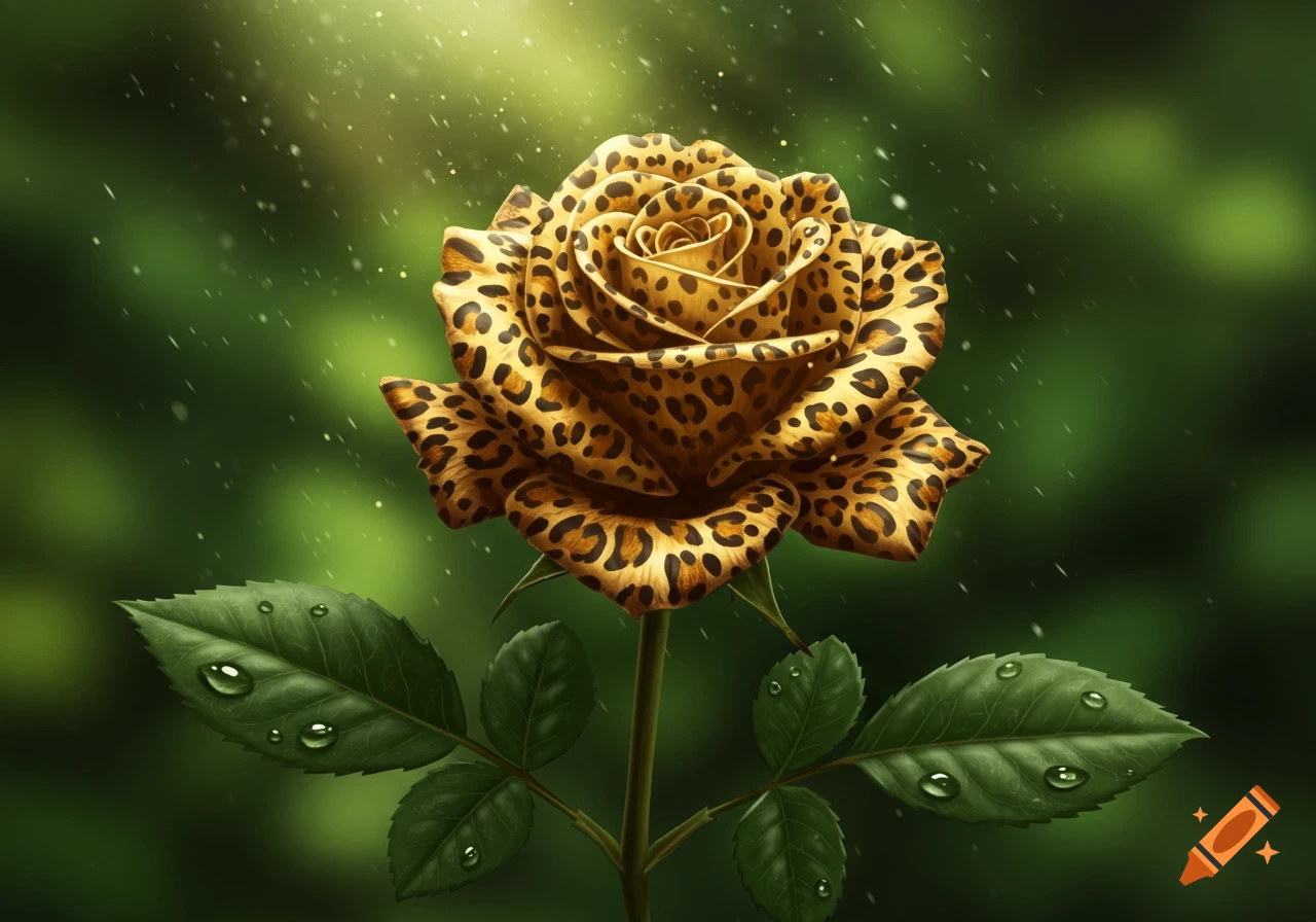 A striking leopard print rose with green leaves and water droplets, bathed in sunlight against a soft green background.