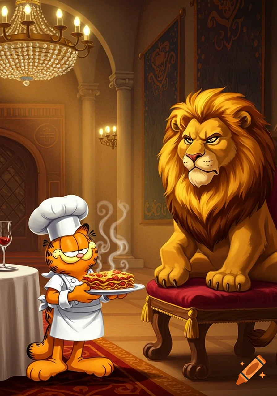 Garfield in a chef hat serves a steaming plate of lasagna to an angry-looking lion sitting on a red throne in a grand dining hall.