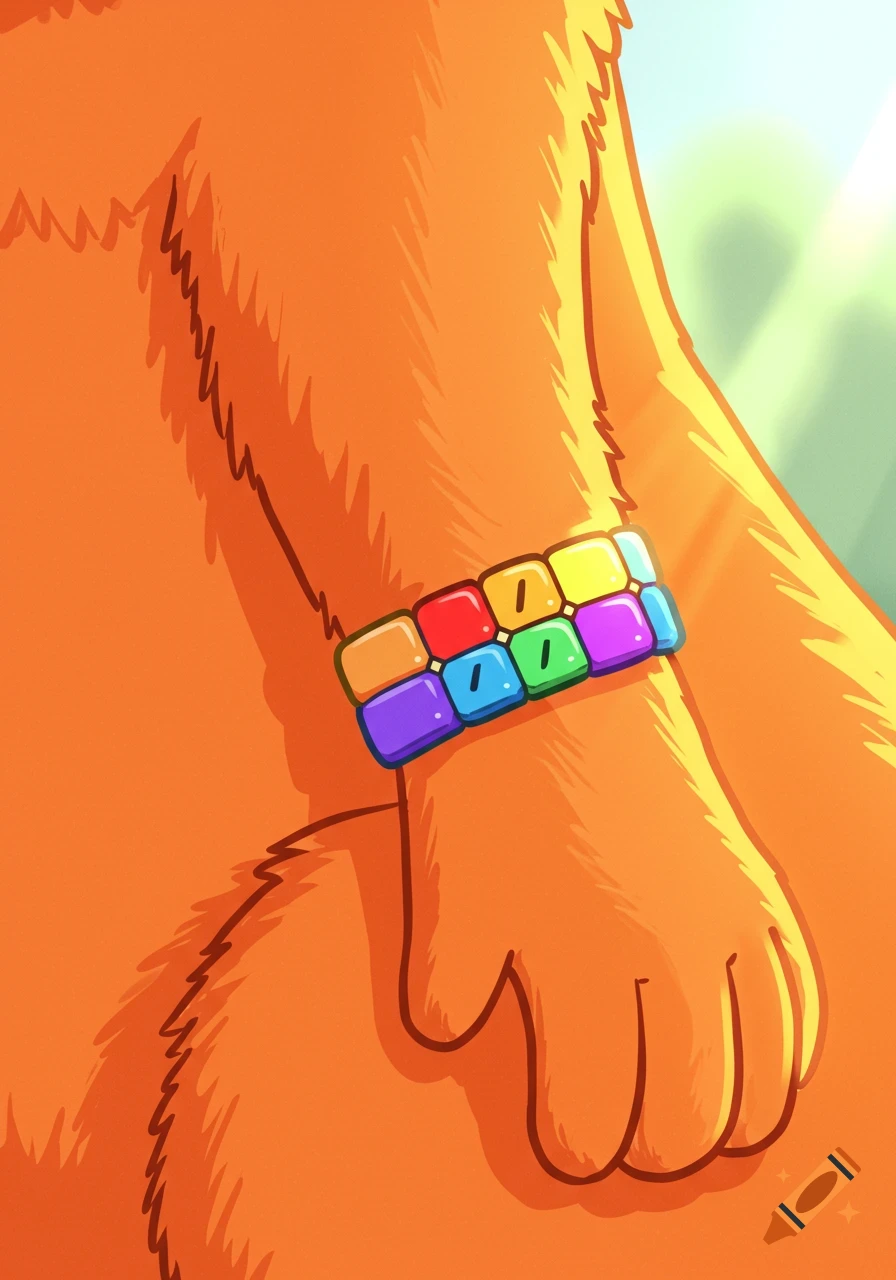 Close-up of an orange cartoon cat's arm wearing a colorful coding block bracelet, in a bright, cute style.