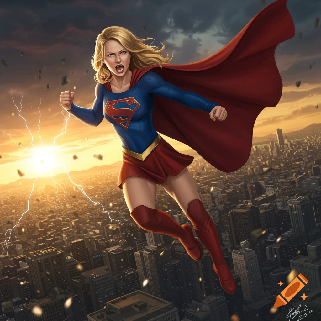 Supergirl flies fiercely over a city at sunset, with lightning striking in the distance.