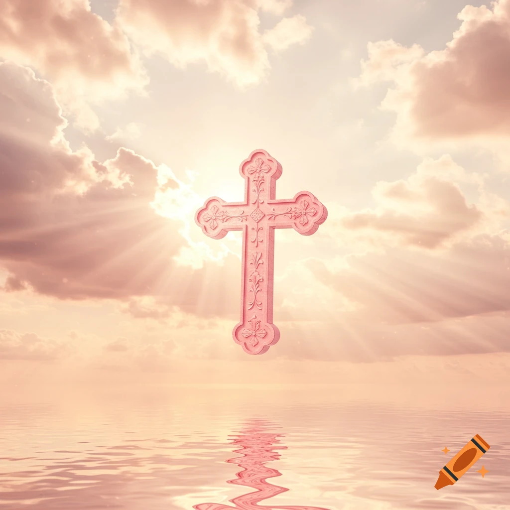 A pink cross floats above pink-hued water under a cloudy sky with sun rays.
