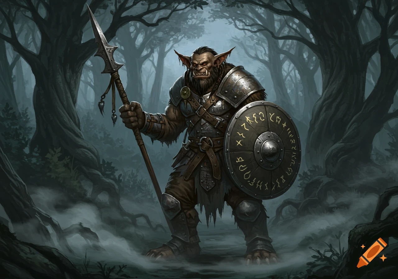 A fearsome bugbear warrior in ornate armor holding a spear and a shield with runes, standing in a misty, dark forest.