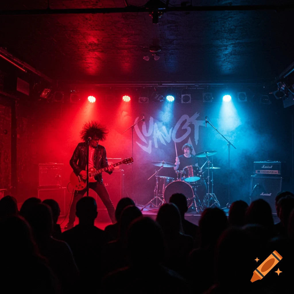 A rock band performs on a dark stage bathed in red and blue lights, with a crowd silhouetted in the foreground.