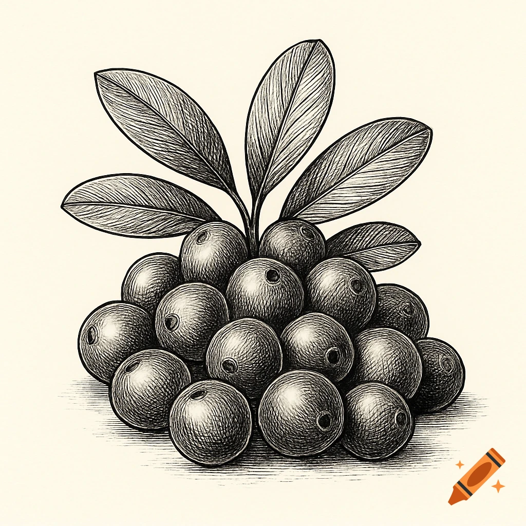 Black and white botanical line drawing of a pile of round berries with leaves on a light background.