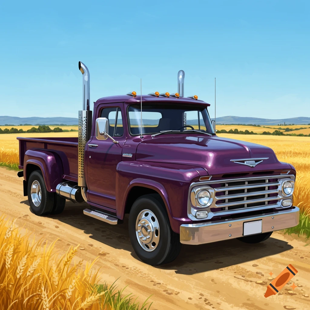 A purple vintage pickup truck with large chrome exhaust pipes drives on a dirt road through a golden wheat field under a blue sky.