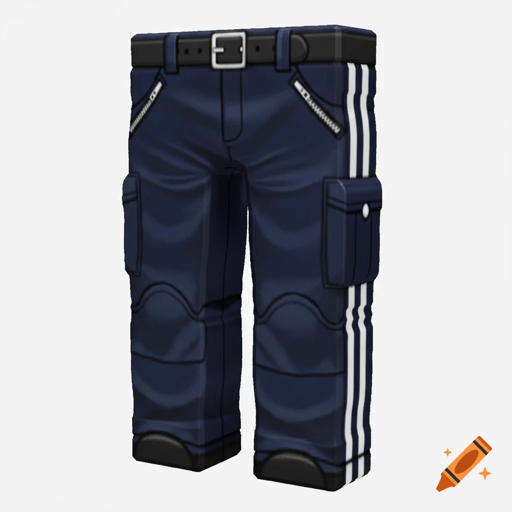 A pair of blue Roblox-style cargo pants with white side stripes and a black belt on a white background.