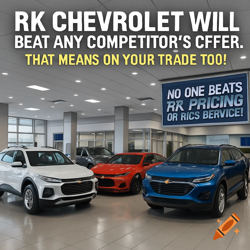 Interior view of a modern Chevrolet car dealership with several new vehicles on display and large promotional signs with text.