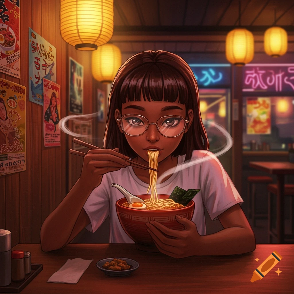 An anime-style black girl with bangs and glasses eats ramen with chopsticks in a Japanese restaurant.