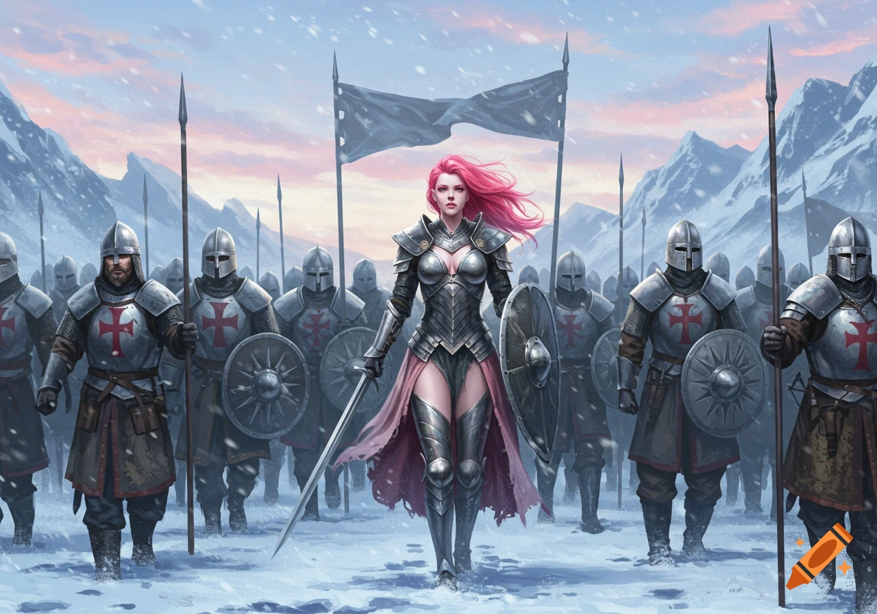 A pink-haired female warrior in revealing armor leads an army of medieval soldiers through a snowy mountain landscape.