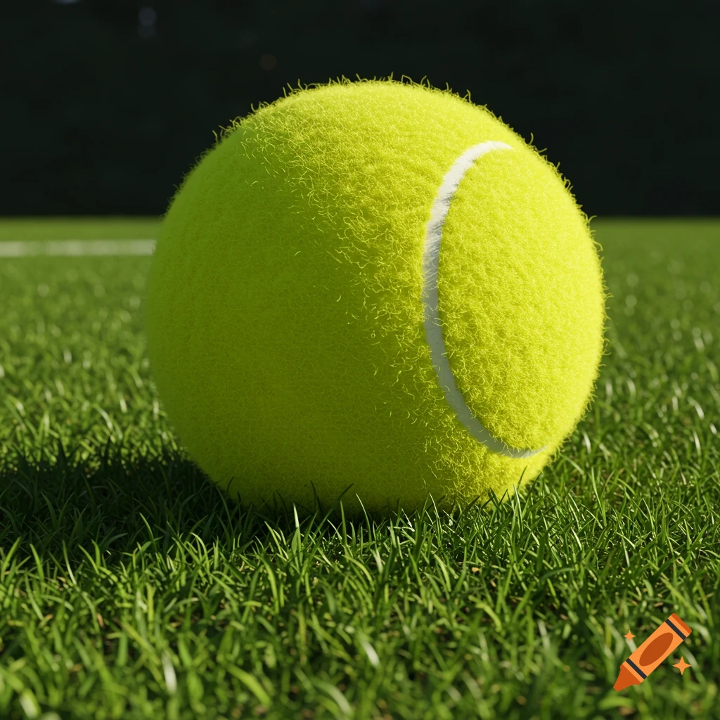 A vibrant yellow-green tennis ball rests on green grass on a tennis court in a close-up, photorealistic shot.