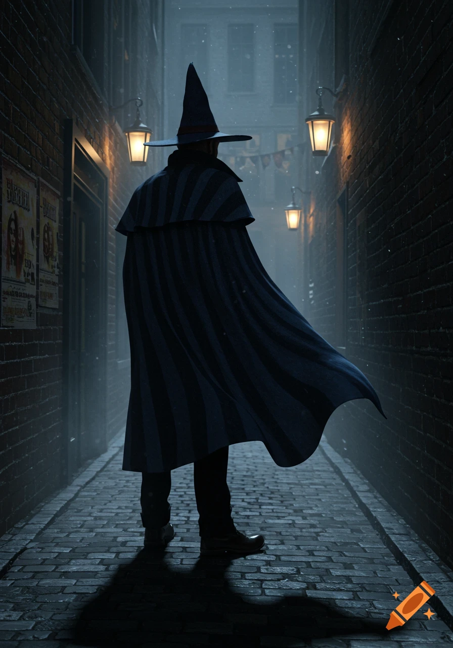 A mysterious figure in a pointed hat and striped cloak stands with their back to the viewer in a dark, misty cobblestone alley lit by lanterns.