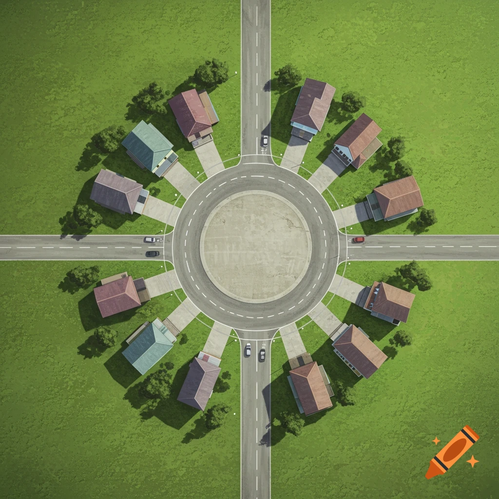 A top-down aerial view of a suburban neighborhood with houses arranged in a circle around a central roundabout, surrounded by green grass.