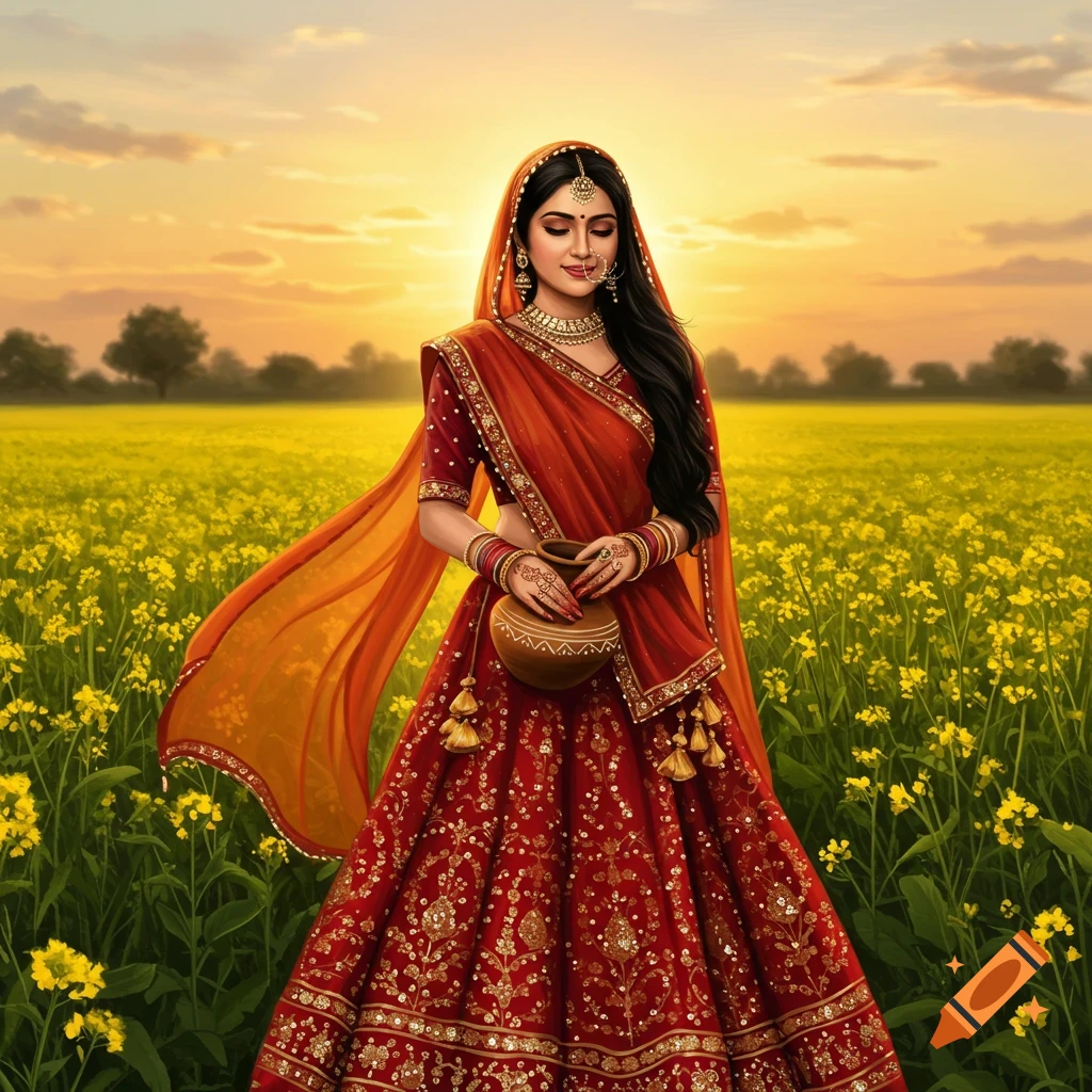 A woman in a vibrant red traditional Indian lehenga and orange dupatta stands gracefully in a field of yellow flowers at sunset, holding a clay pot.