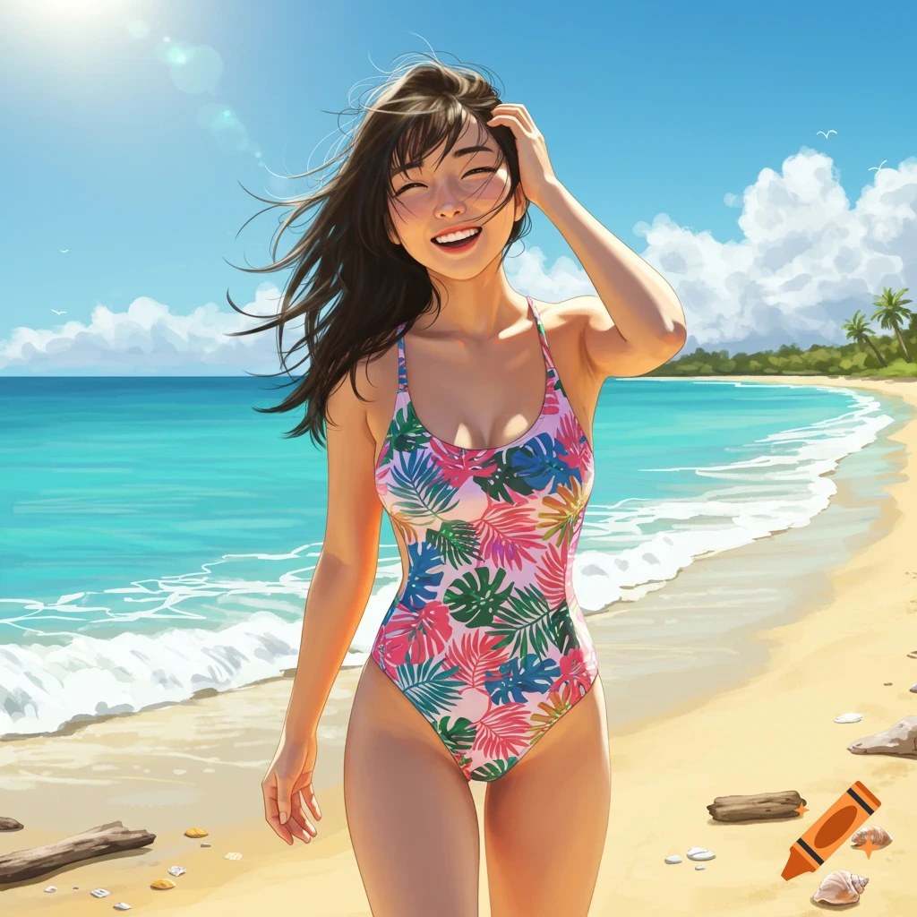 An anime girl in a tropical print swimsuit smiles while walking on a sunny beach.