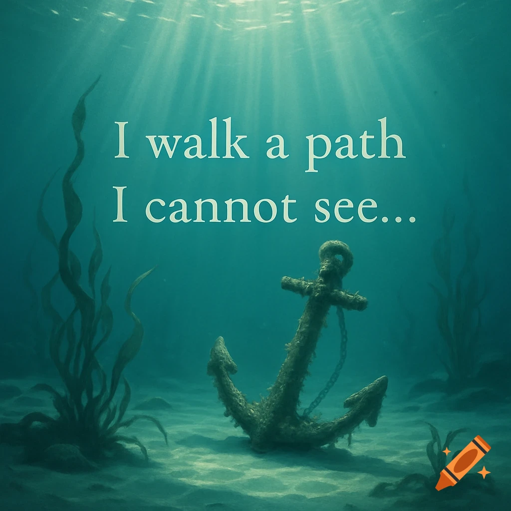 Underwater scene with light rays from above, an old anchor on the sandy seabed, and seaweed. Text reads: 'I walk a path I cannot see...'