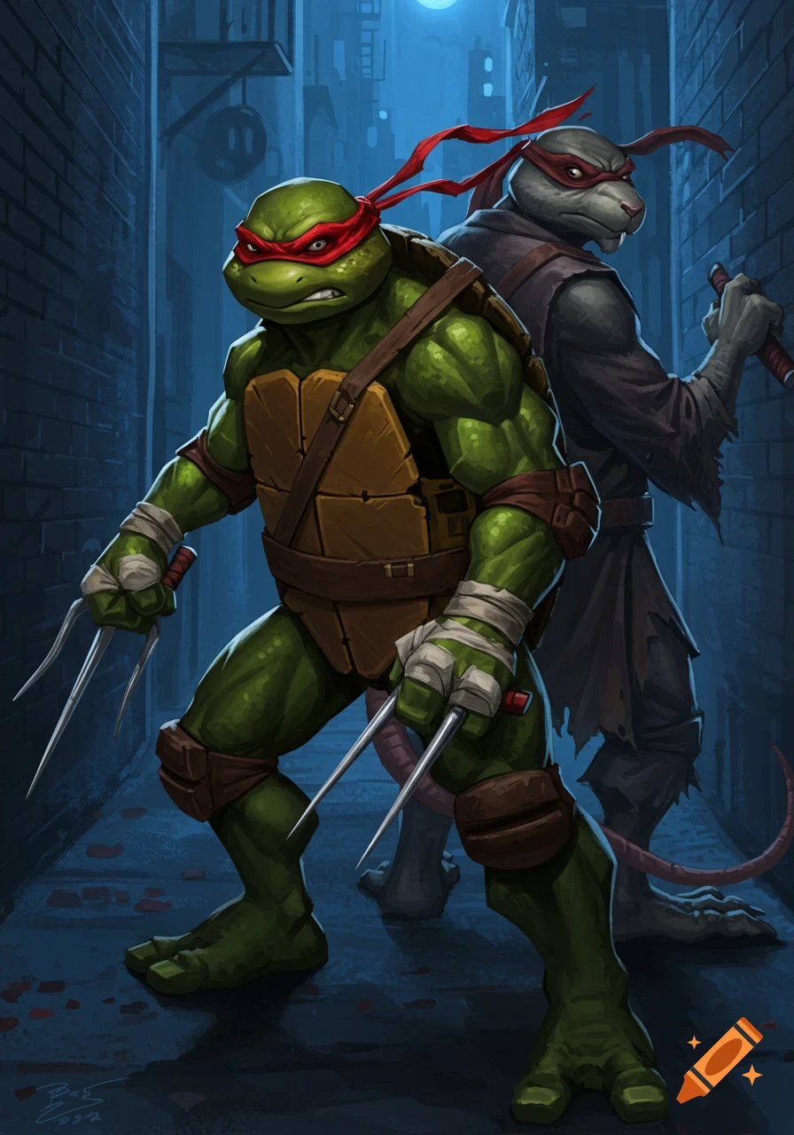 Raphael and Splinter stand back to back in a dark alley, in a comic book illustration style.