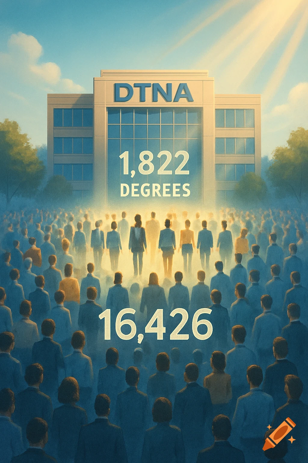 A large modern building with the text DTNA, 1,822 DEGREES, and 16,426, standing before a vast crowd of silhouetted people under a bright sky.