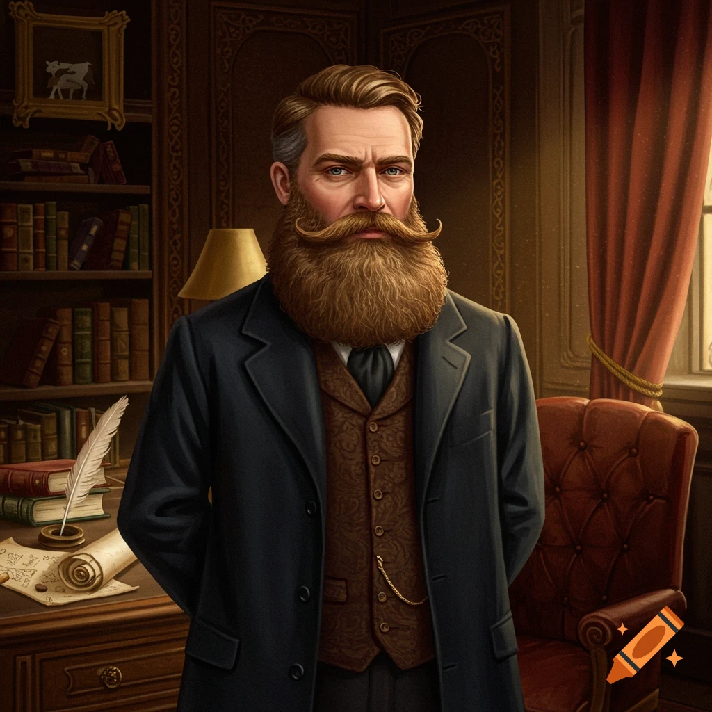 A distinguished gentleman with a large, bushy beard and mustache stands in a wood-paneled study with bookshelves and a desk.