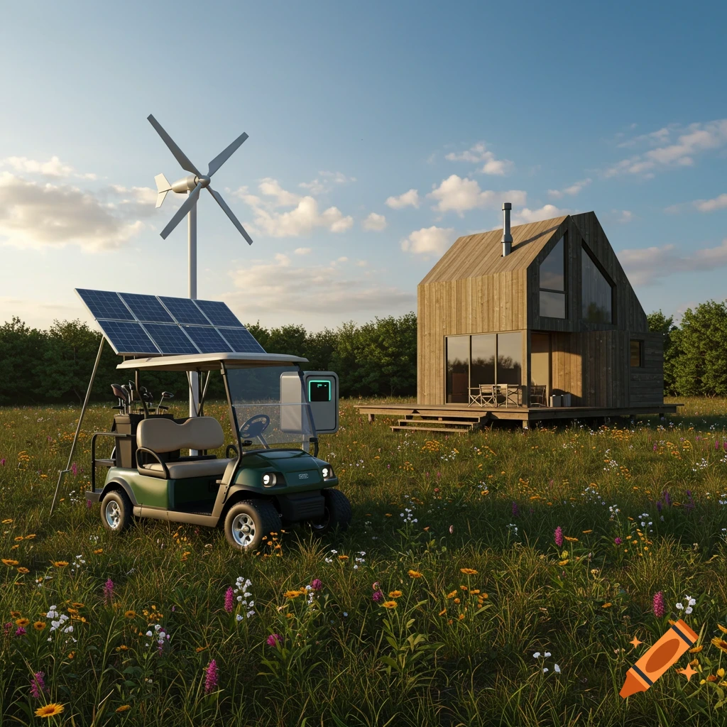 A green golf cart with solar panels and a wind turbine next to a modern wooden off-grid cabin in a field of wildflowers.