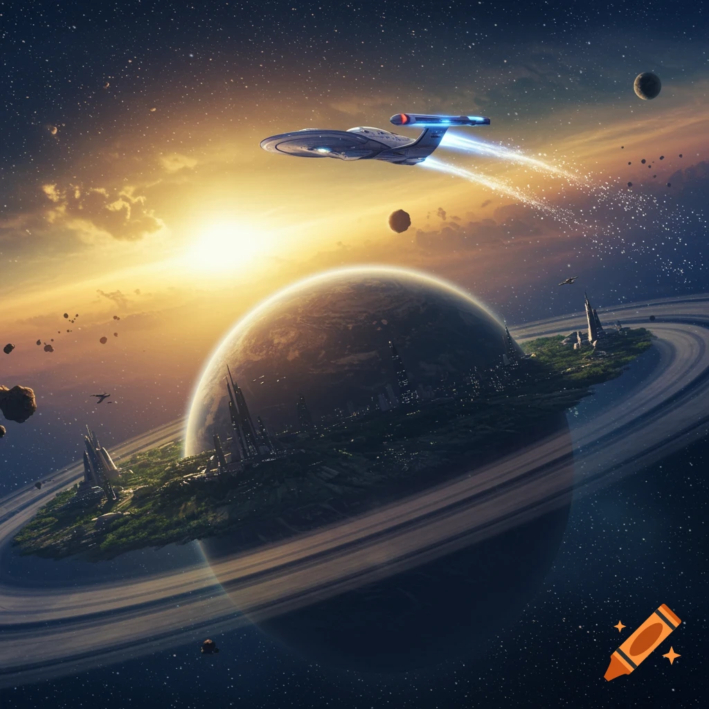 A futuristic ringed planet with cities on its surface, bathed in sunlight, as a Starfleet-like shuttle flies by in space.
