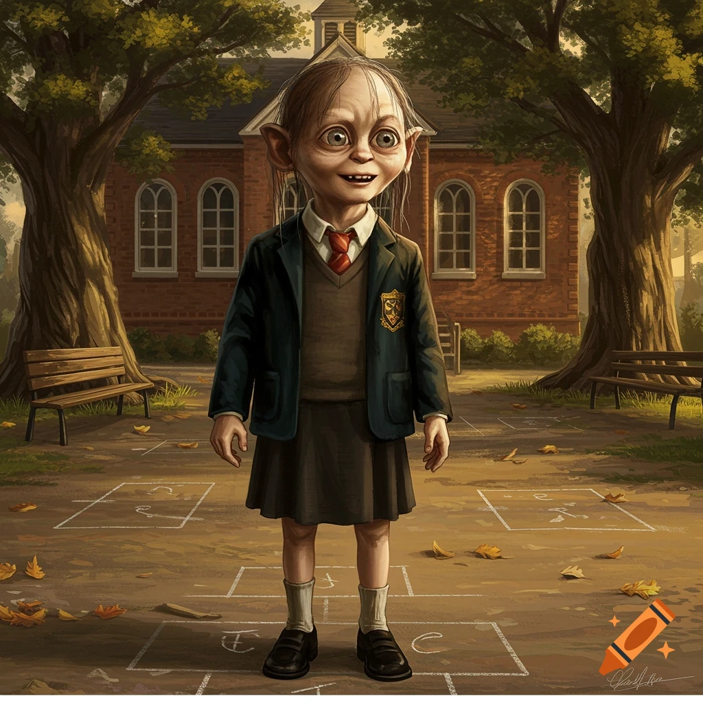 A stylized image of a child resembling Gollum, with large eyes and ears, wearing a school uniform, standing on a hopscotch court in front of a brick school building.