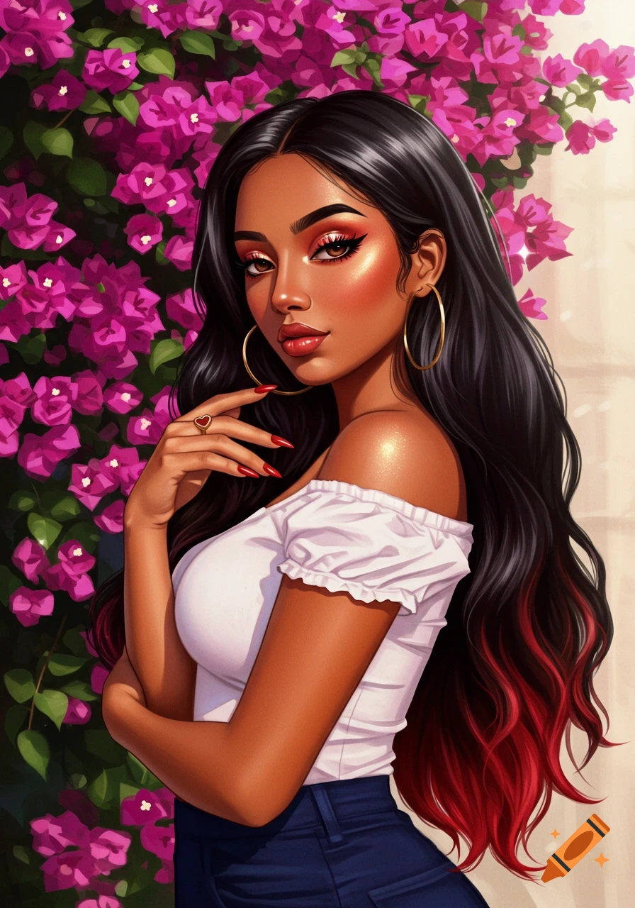 A woman with long black and red hair, makeup, hoop earrings, and a heart ring, posing in front of vibrant pink flowers.