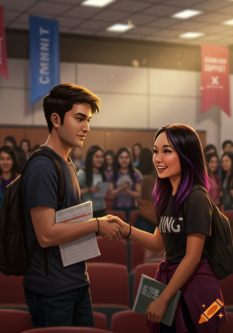 Two students, a boy and a girl, shake hands in an auditorium full of people in a vibrant illustration style. The girl has purple streaks in her hair.