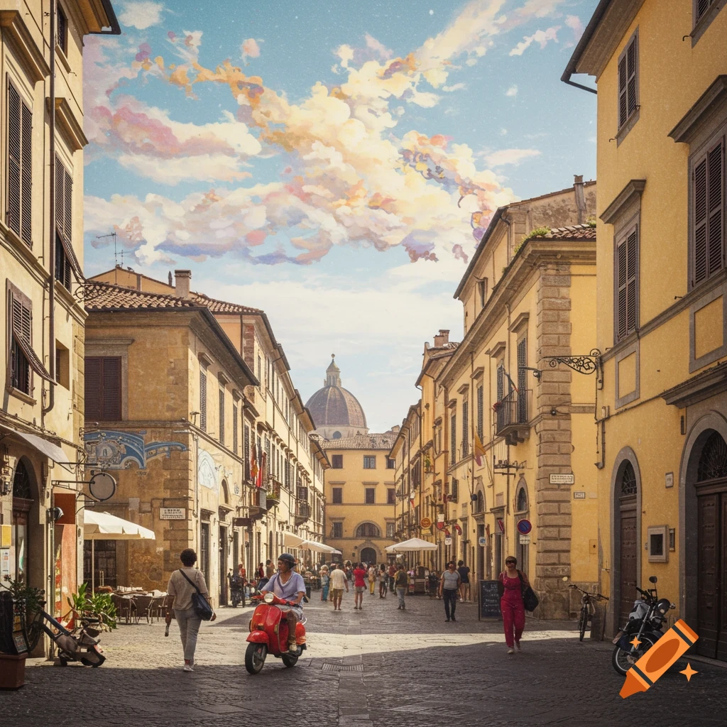 A busy Italian street with yellow buildings and cobblestones, leading to a dome. People walk and a person rides a red scooter under a surreal, painterly sky with colorful clouds.
