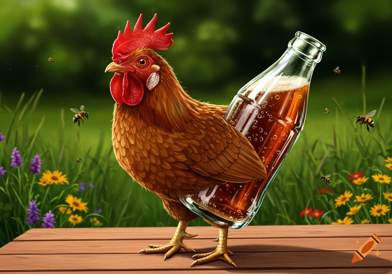 A surreal image of a brown rooster with a glass soda bottle as its body, standing on a wooden surface in a grassy field with flowers and bees.