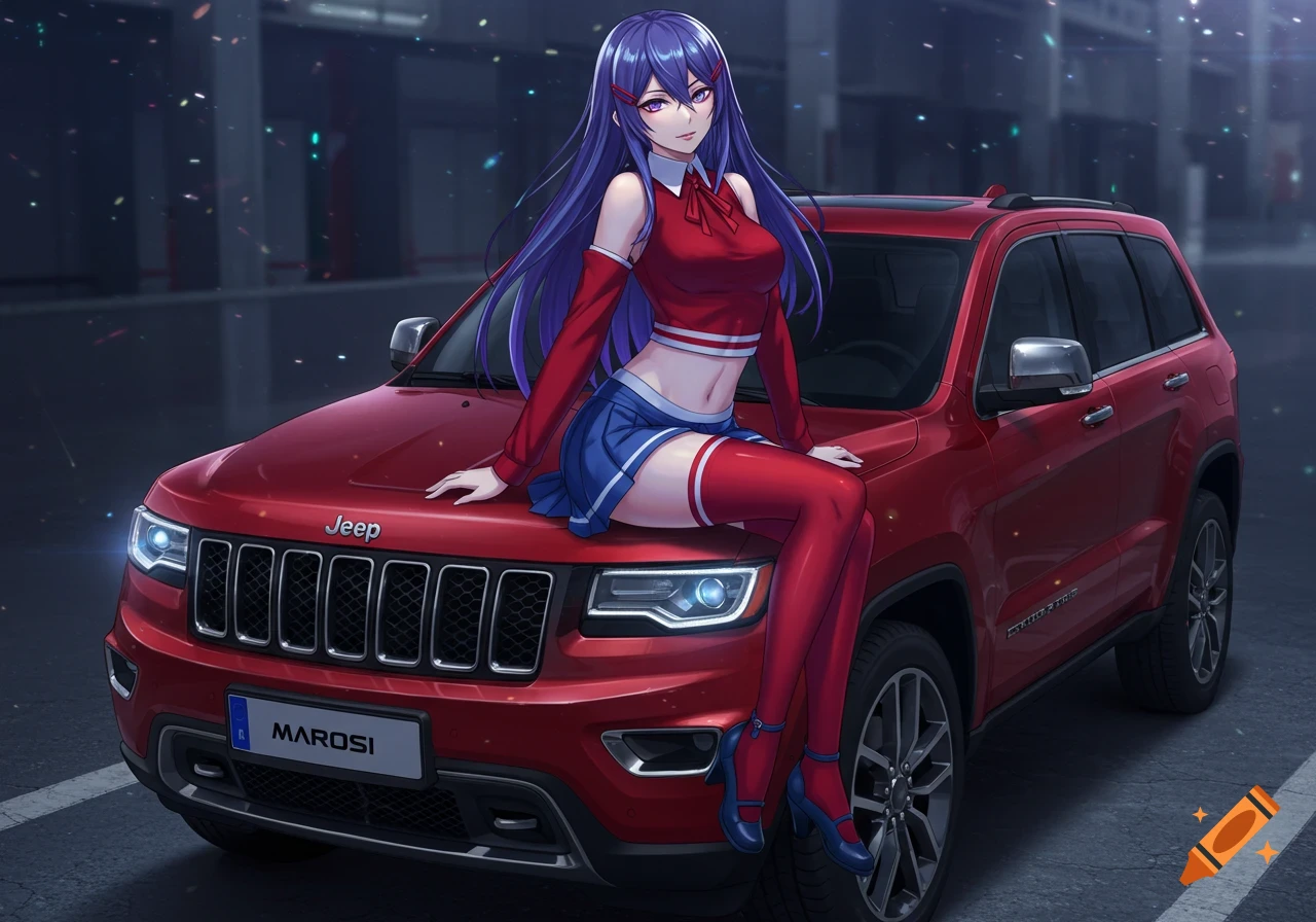 An anime girl with long blue hair and a red and blue outfit sits on the red hood of a Jeep Grand Cherokee.