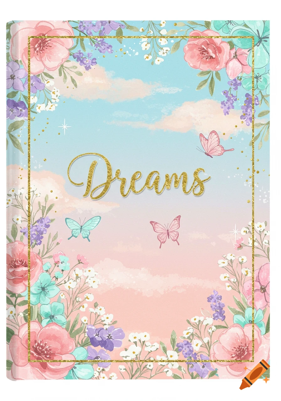 Watercolor journal cover with pink and blue flowers, butterflies, and 'Dreams' text in golden glitter.